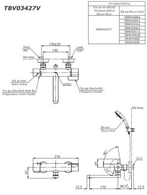 Bộ sen tắm TOTO TBV03427V/TBW02005A nhiệt độ